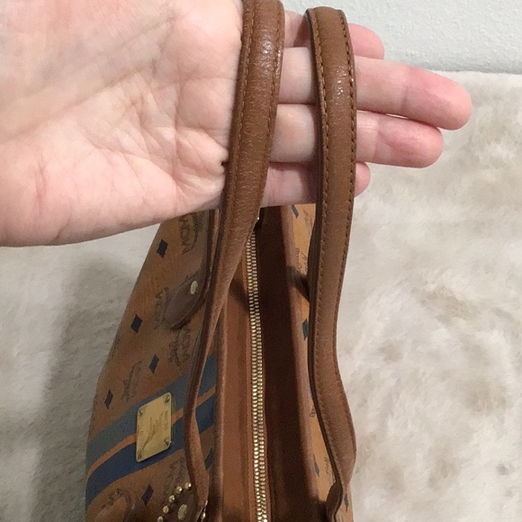 MCM #H5822 Vintage Visetos Blue Stripes Monogram Small Tote Bag  EUC Cognac - Picture 10 of 16